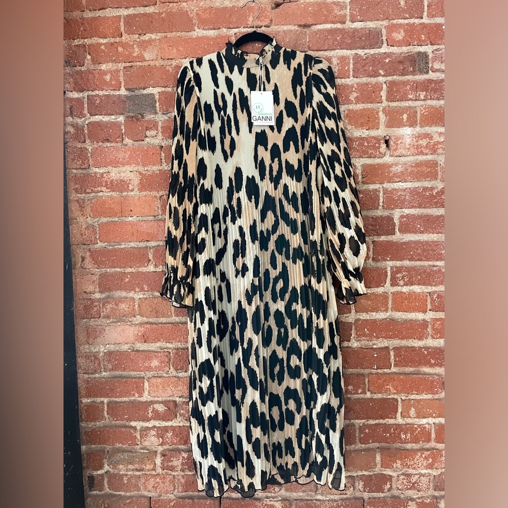 Ganni Leopard Pleated Georgette Dress, NWT